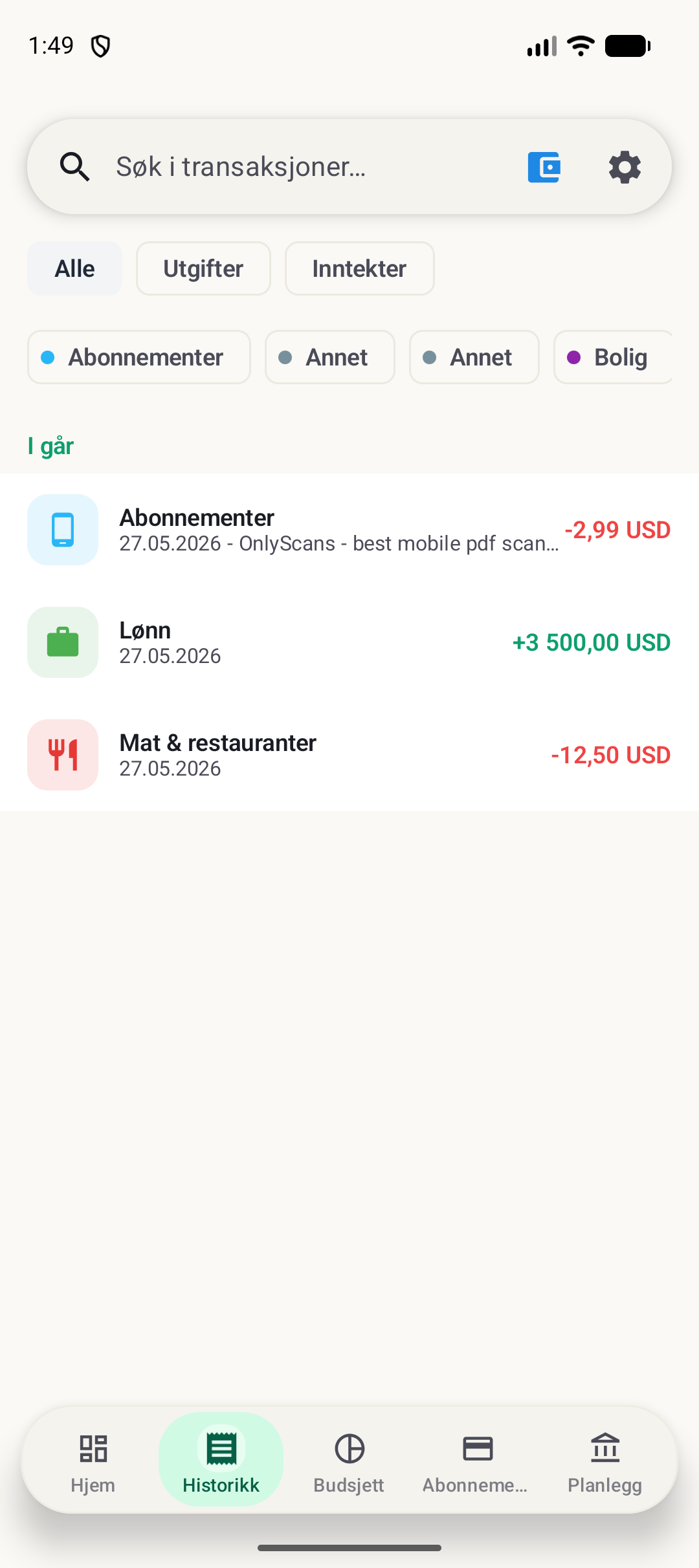BudgetVault Android-historikkskjerm