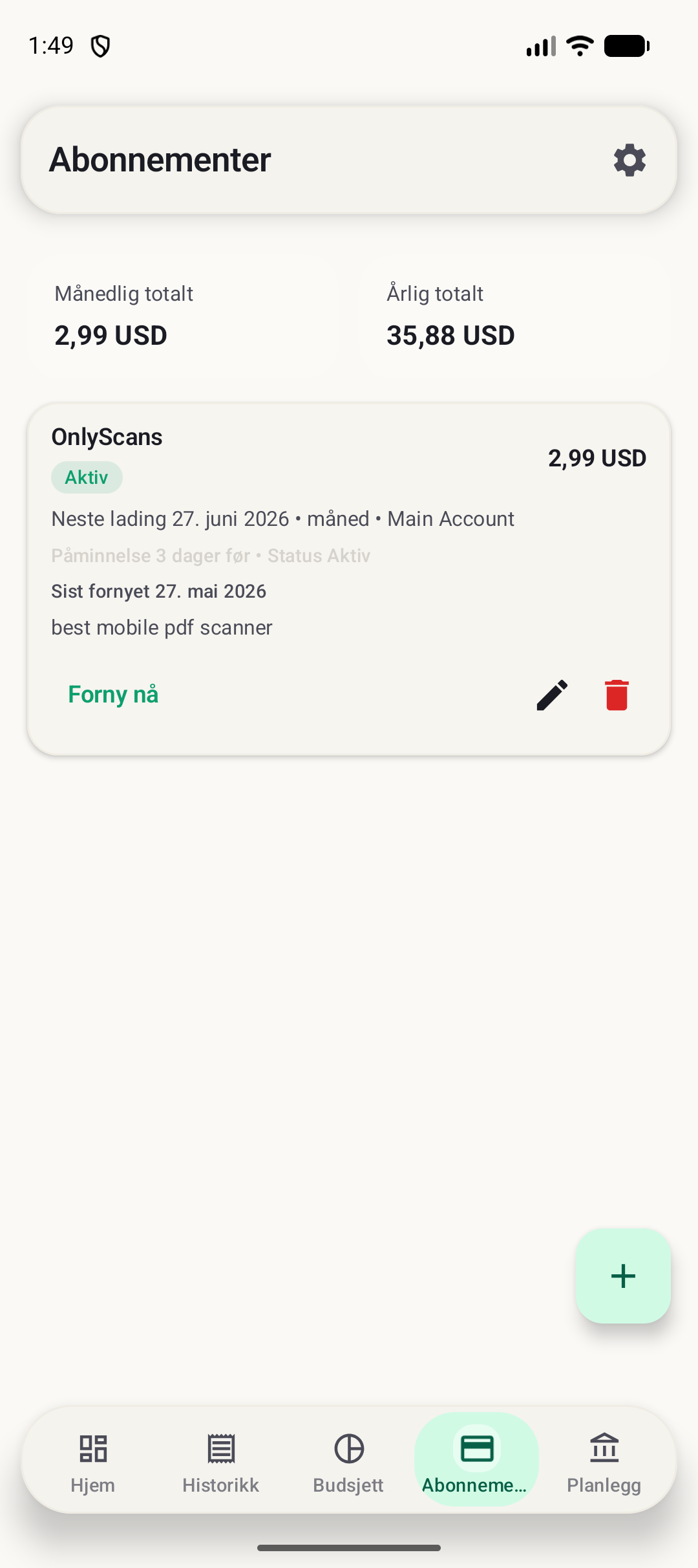 BudgetVault Android-abonnementsskjerm