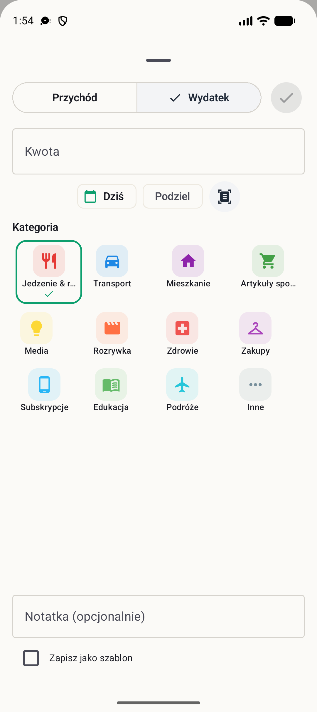 Ekran dodawania transakcji BudgetVault na Androida