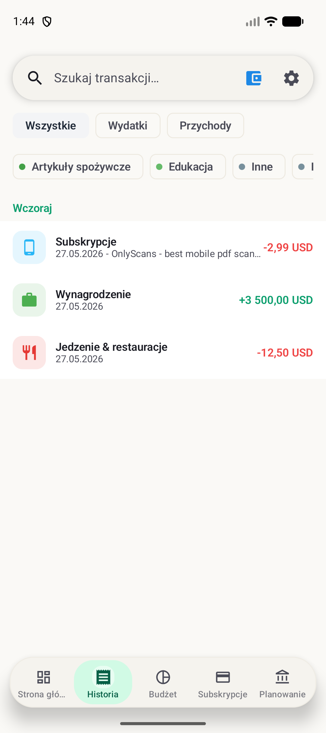 Ekran historii BudgetVault na Androida