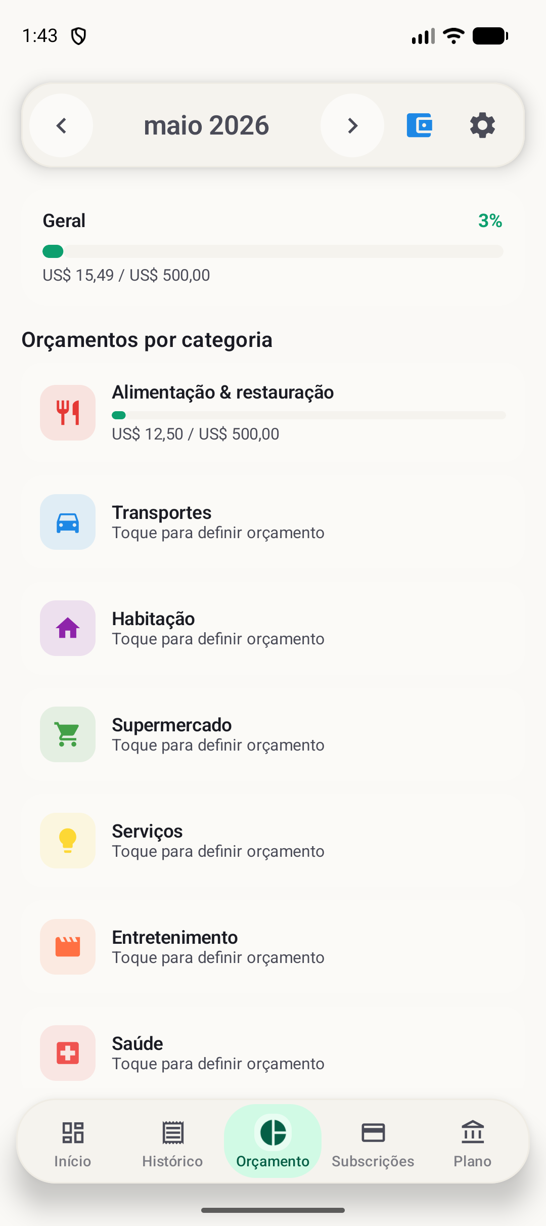 Tela de orçamento do BudgetVault para Android