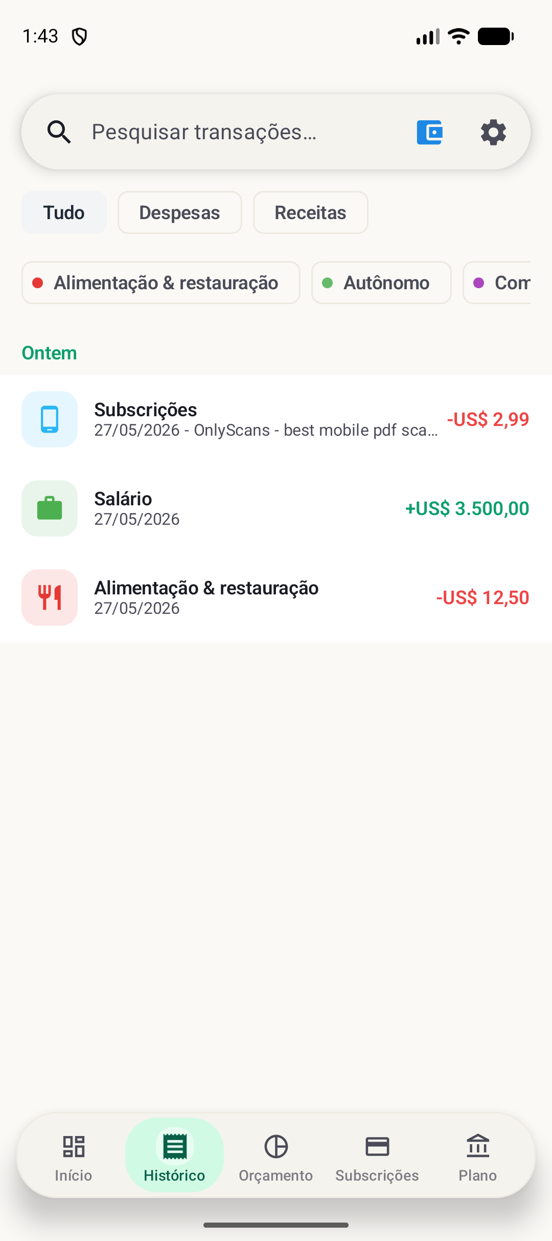 Tela de histórico do BudgetVault para Android