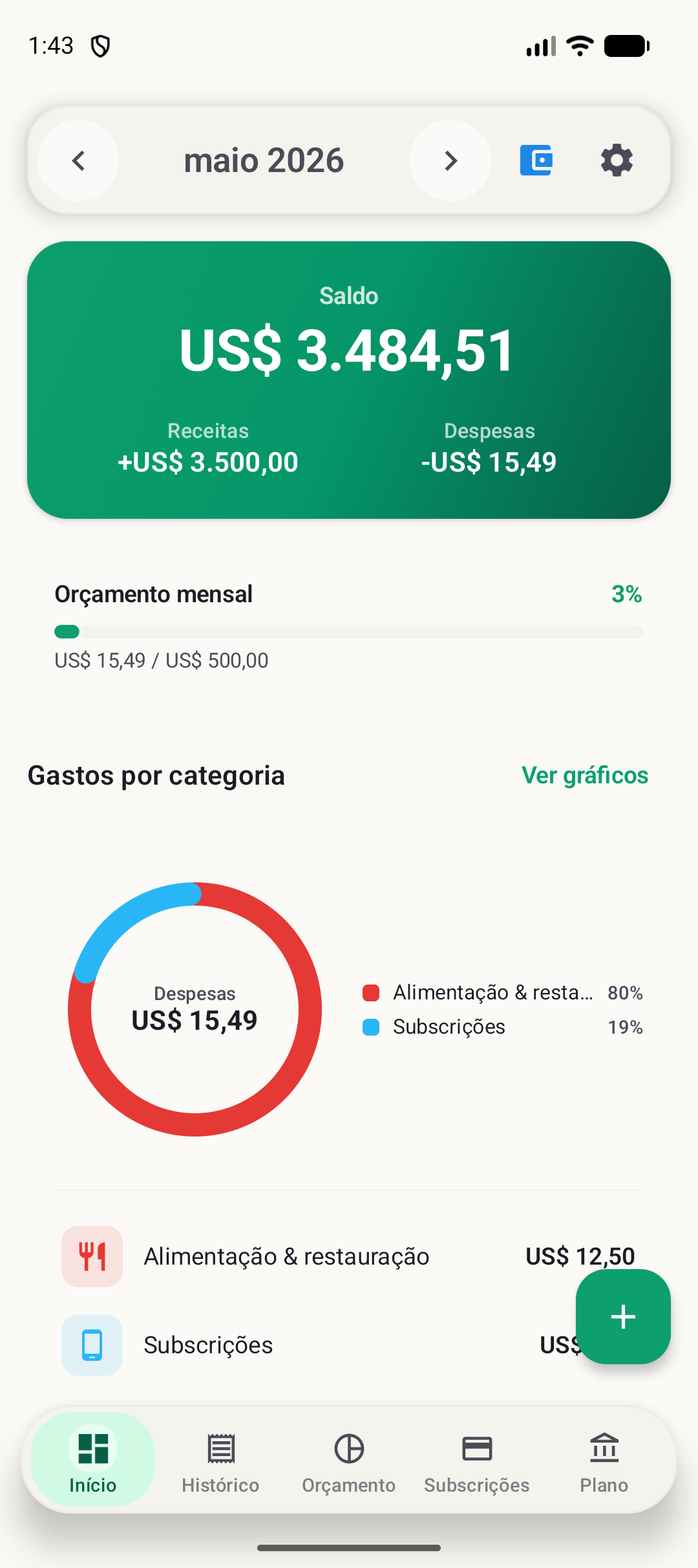 Tela inicial do BudgetVault para Android