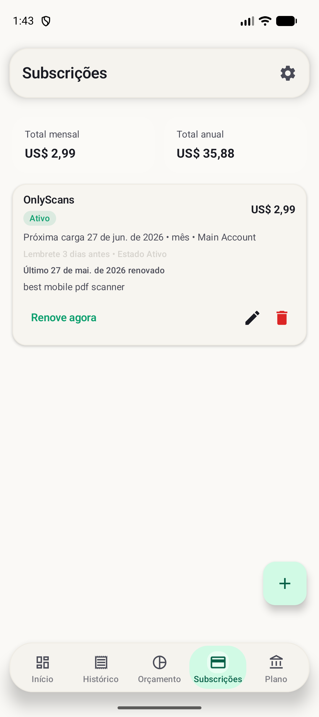Tela de assinaturas do BudgetVault para Android
