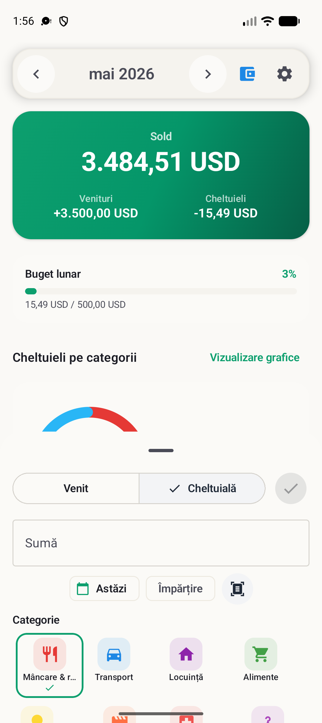 Ecran adăugare tranzacție BudgetVault Android