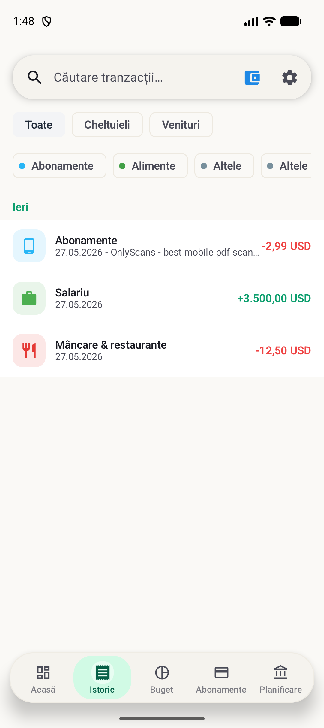 Ecran istoric BudgetVault Android