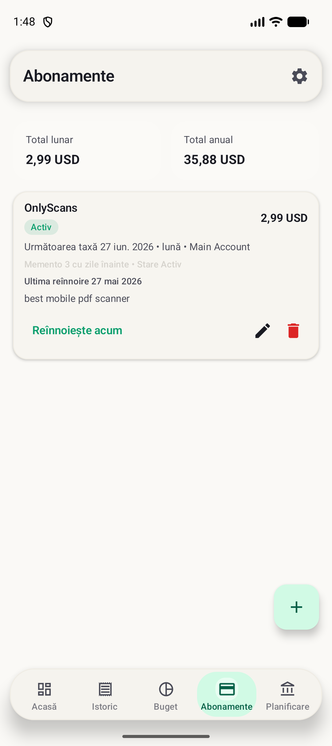 Ecran abonamente BudgetVault Android
