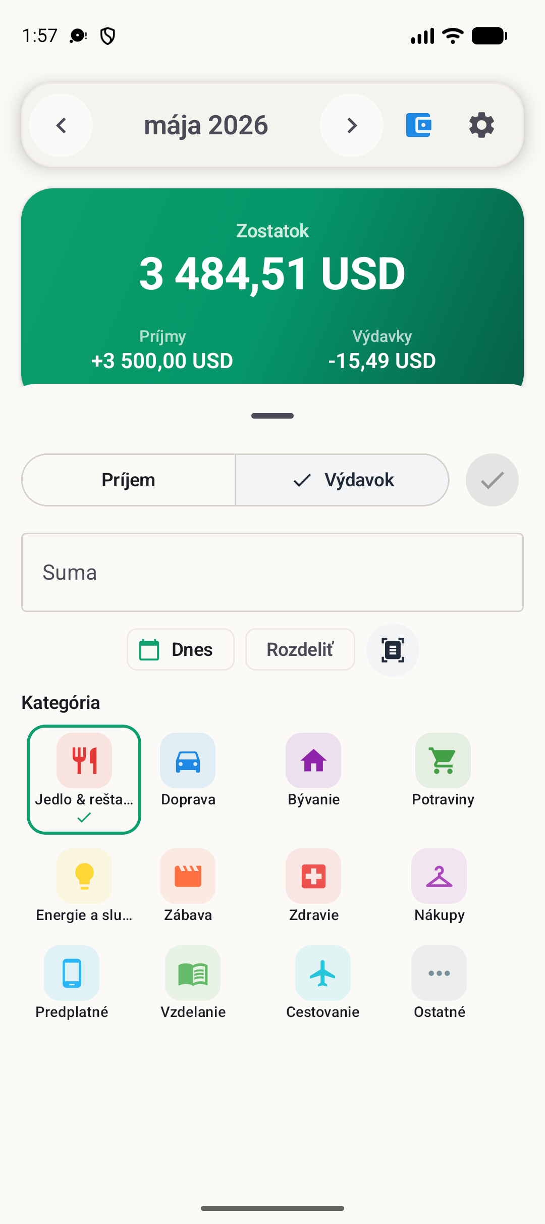 Obrazovka pridania transakcie BudgetVault pre Android