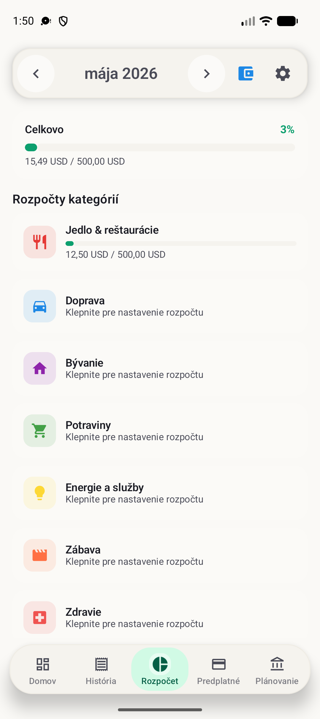 Obrazovka rozpočtu BudgetVault pre Android