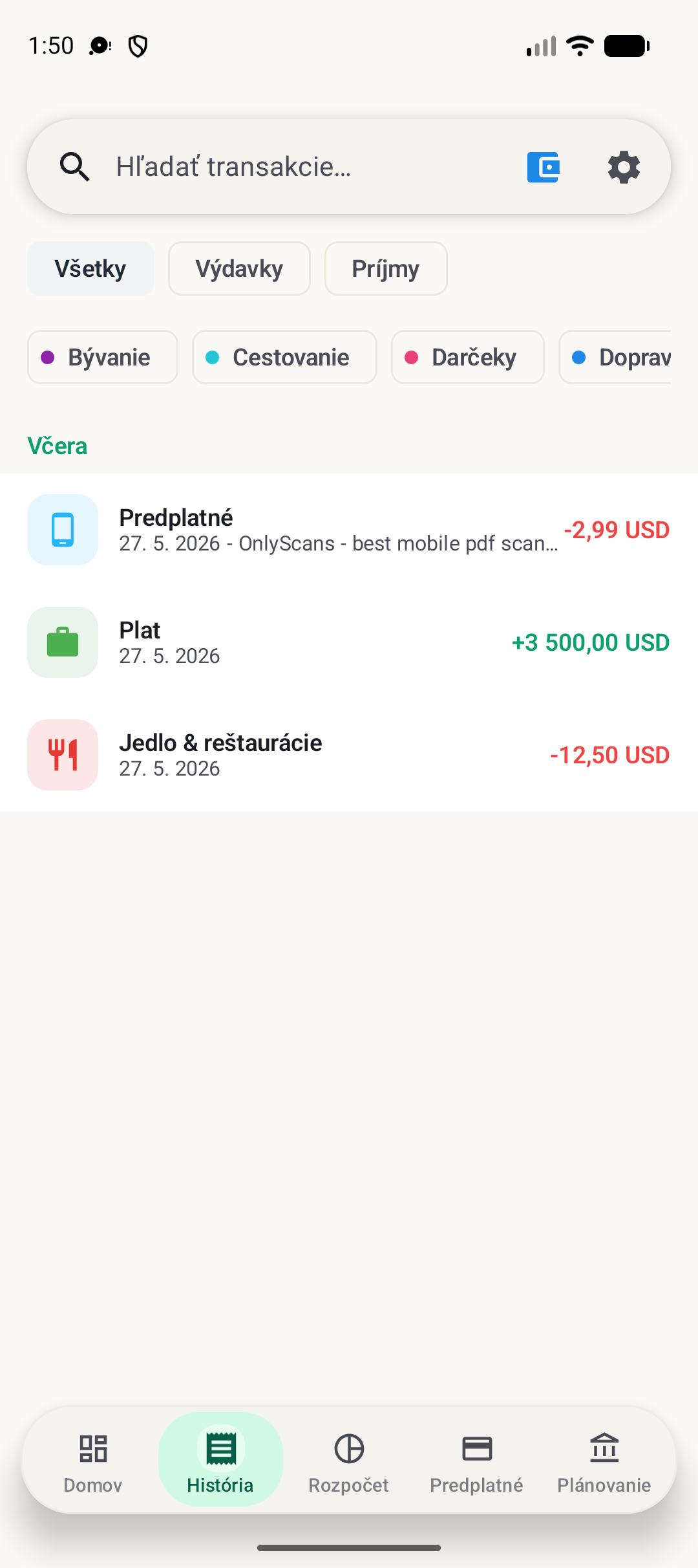 Obrazovka histórie BudgetVault pre Android
