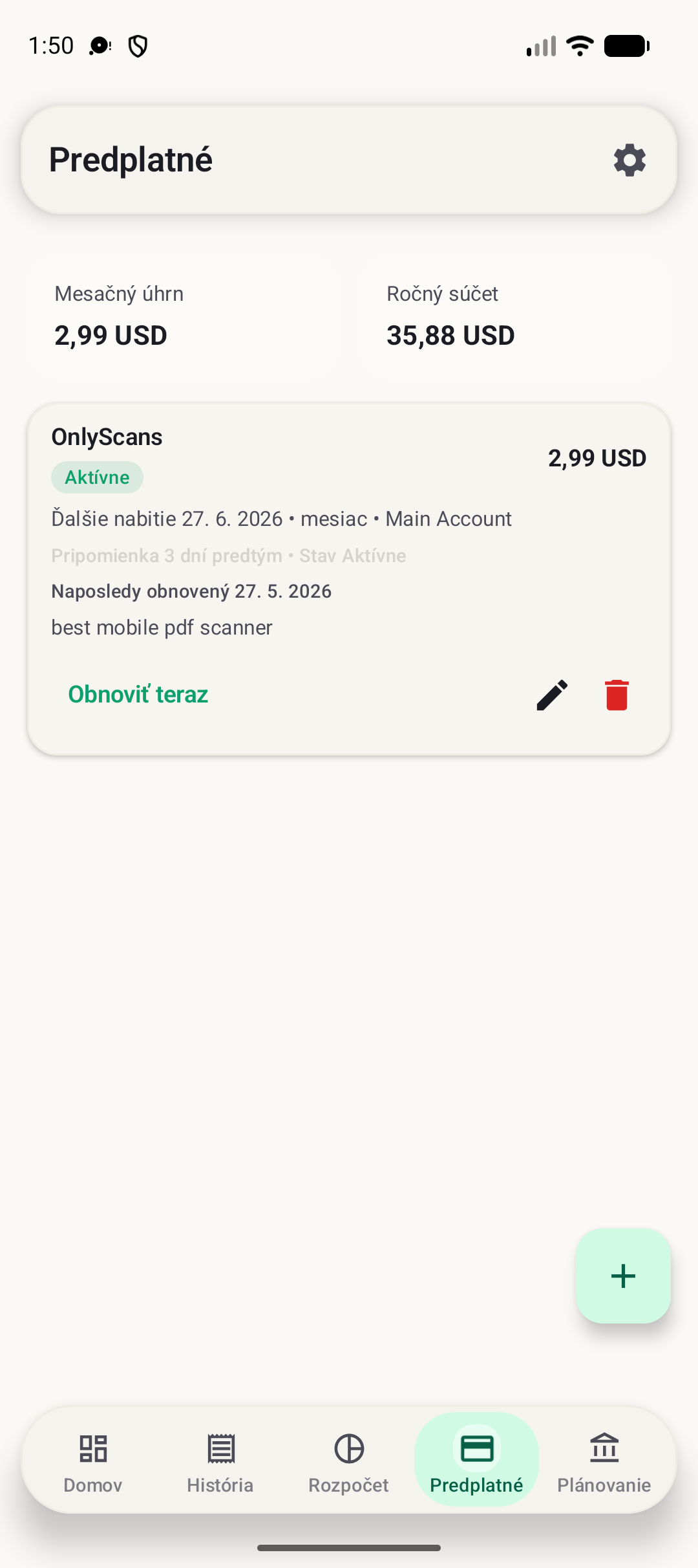 Obrazovka predplatného BudgetVault pre Android