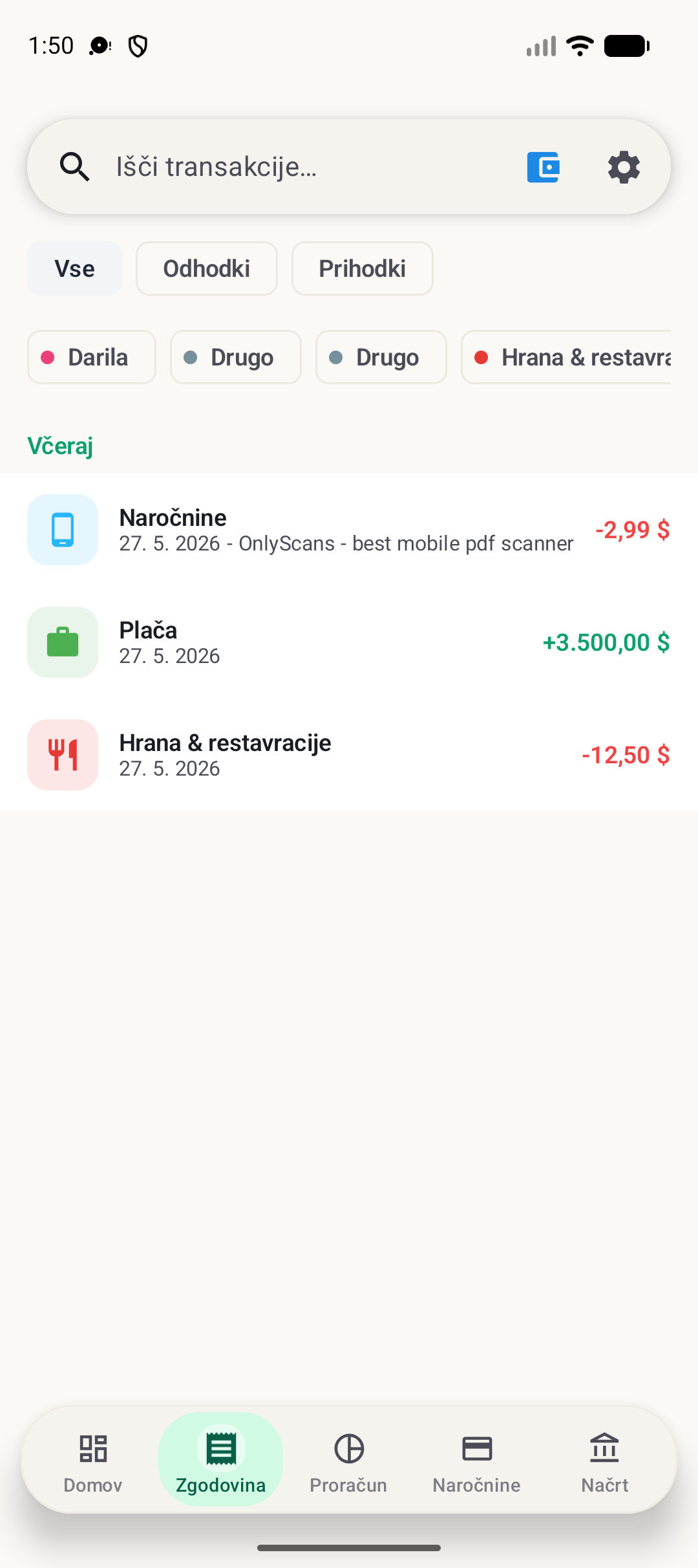 Zaslon zgodovine BudgetVault za Android