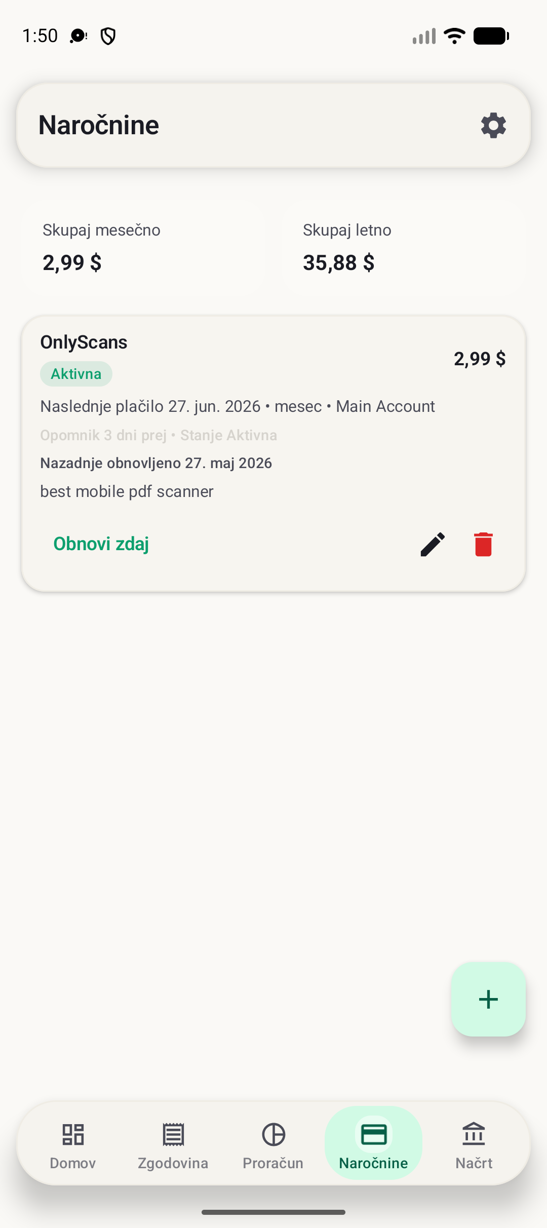 Zaslon naročnin BudgetVault za Android