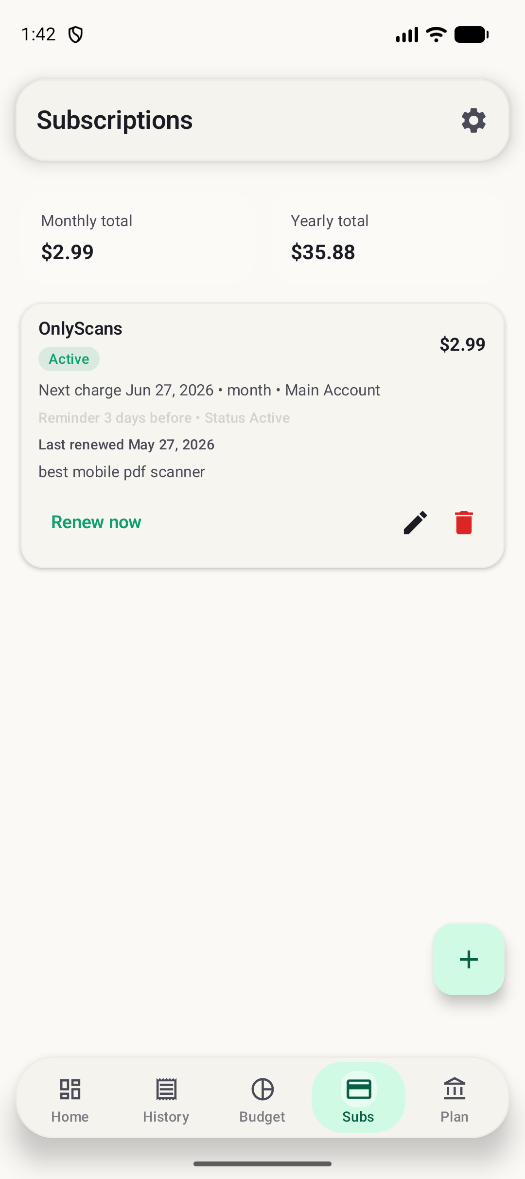 BudgetVault Android subscriptions screen