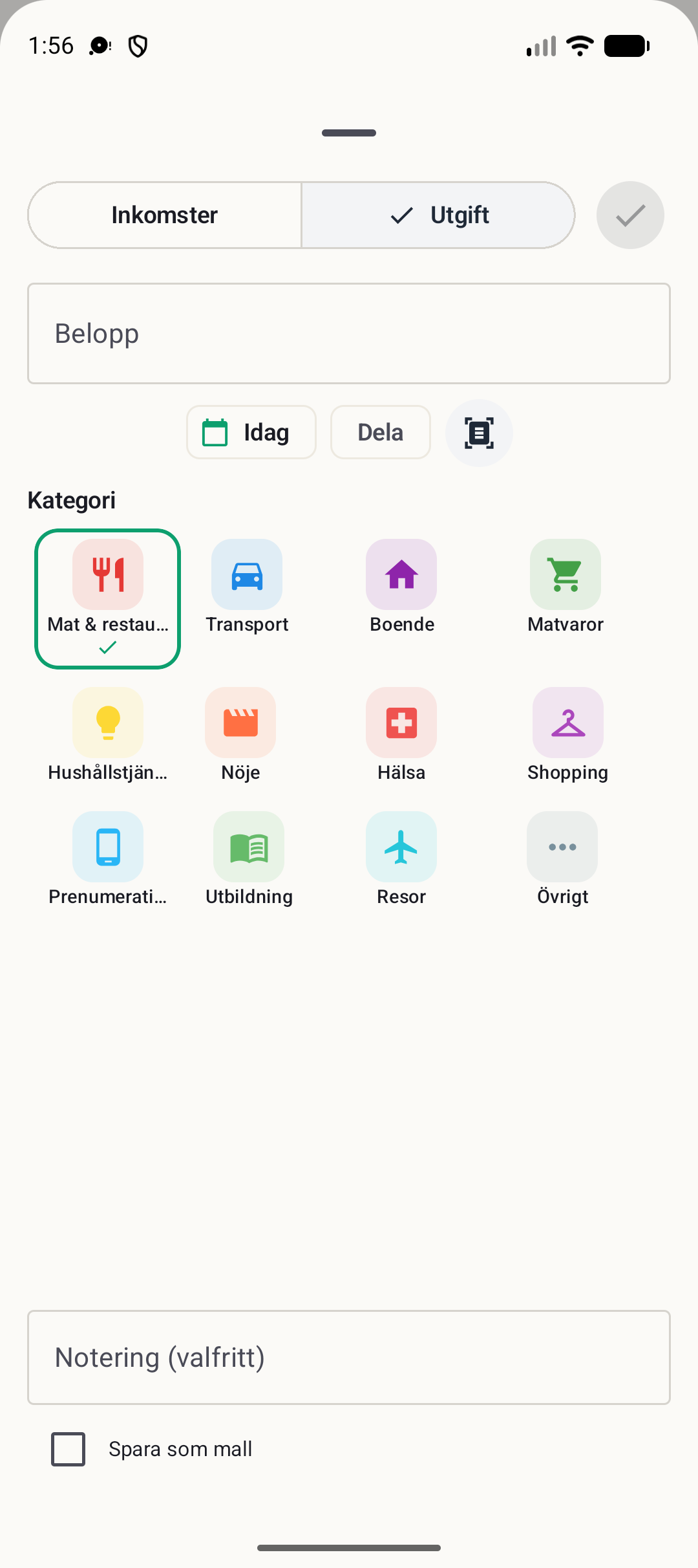 BudgetVault Android-skärm för att lägga till transaktion