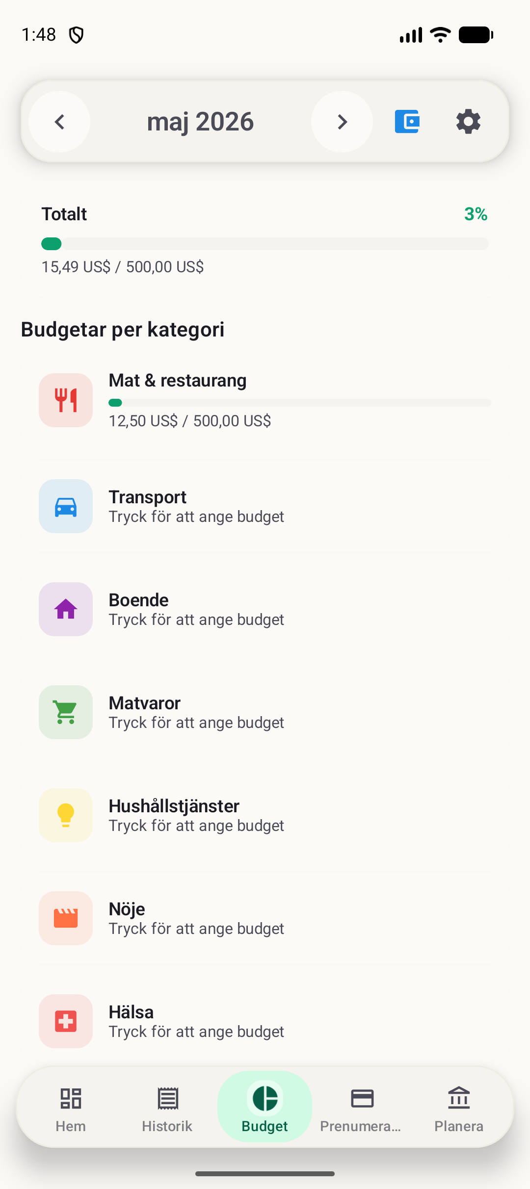 BudgetVault Android-budgetskärm