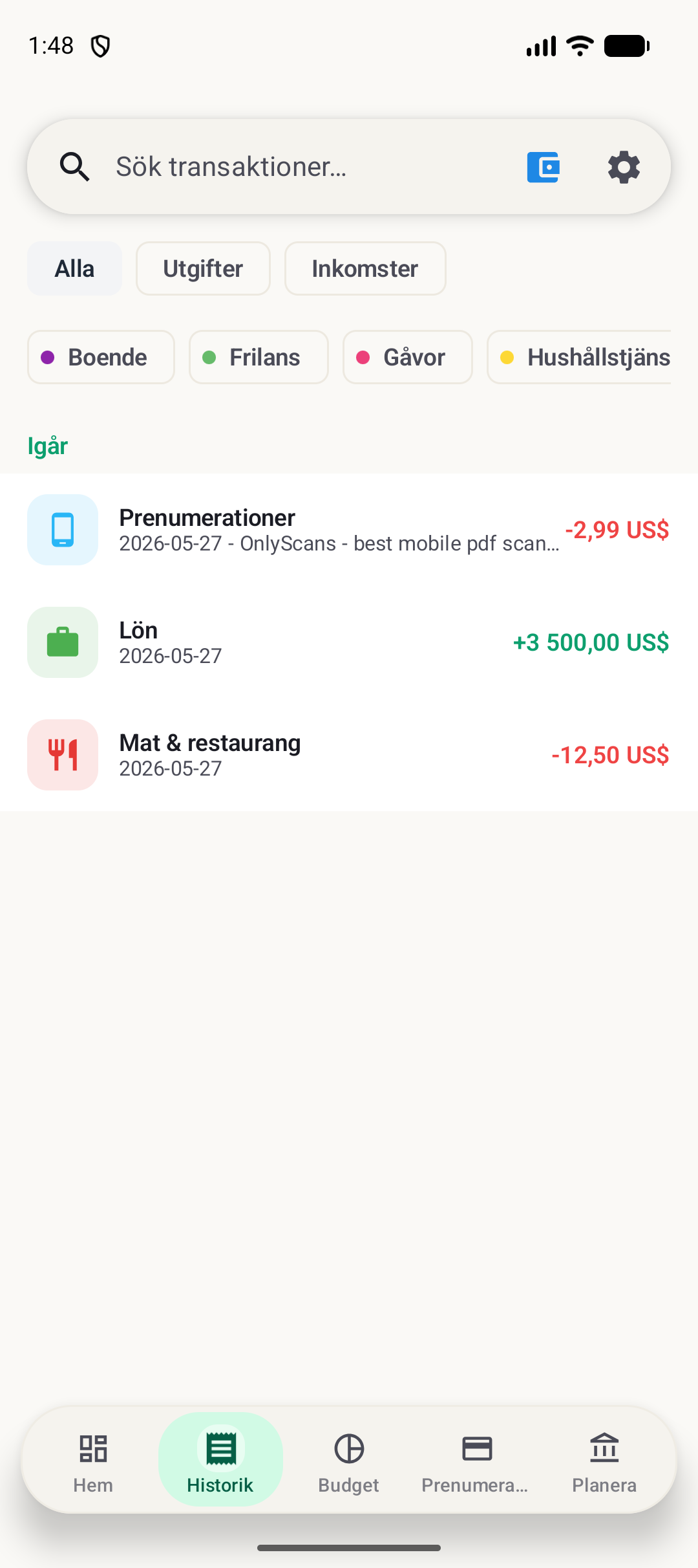 BudgetVault Android-historikskärm