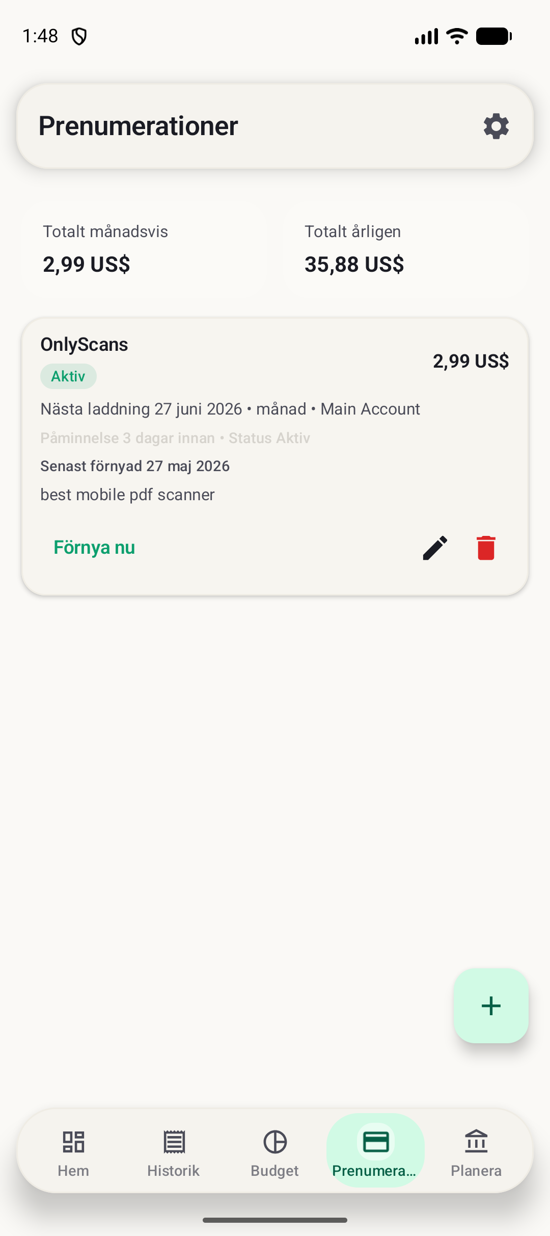 BudgetVault Android-abonnemangsskärm