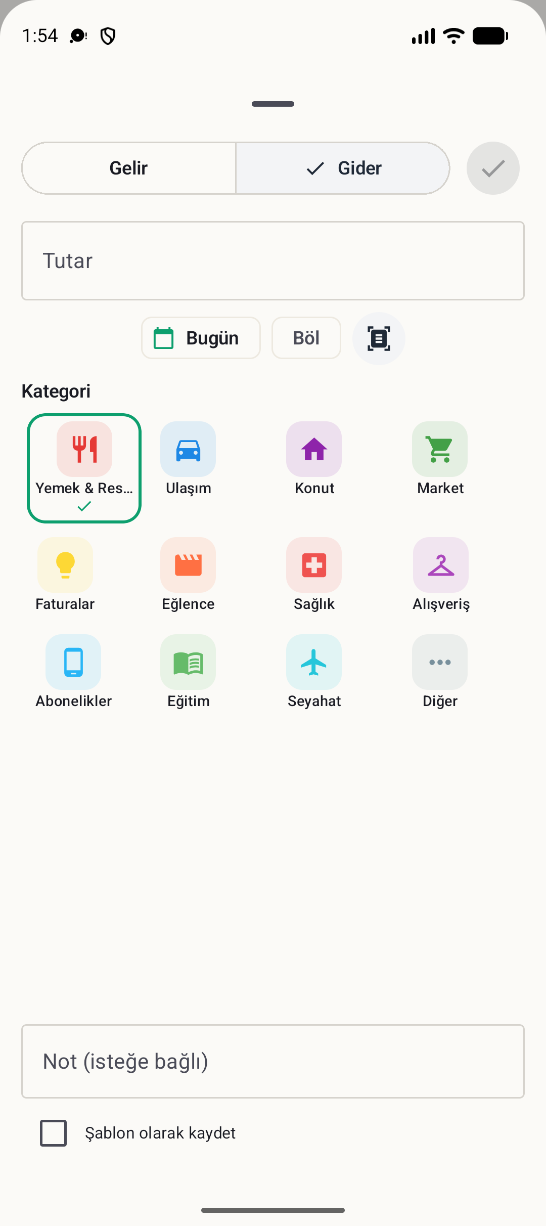 BudgetVault Android işlem ekleme ekranı