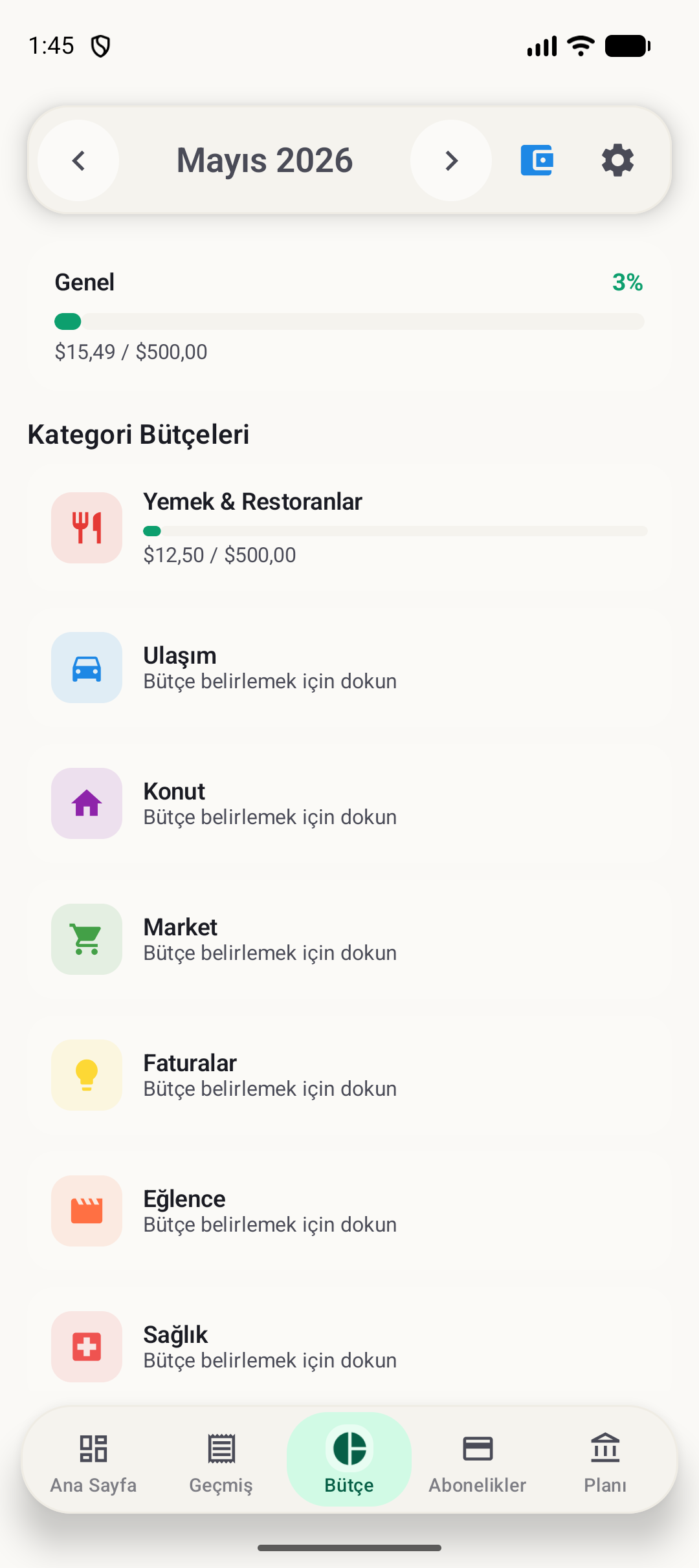 BudgetVault Android bütçe ekranı