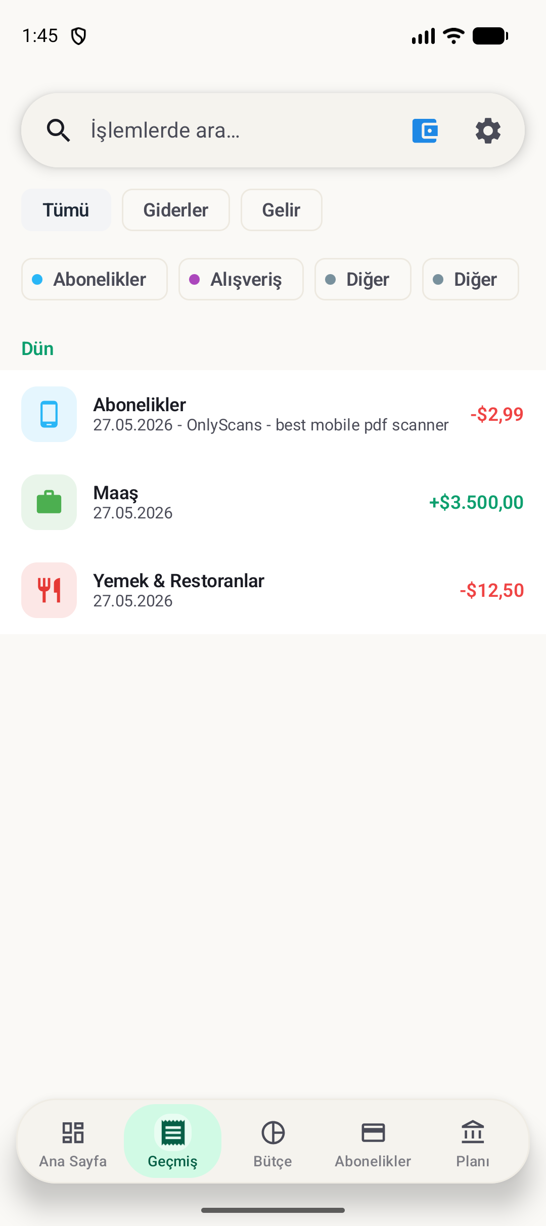 BudgetVault Android geçmiş ekranı
