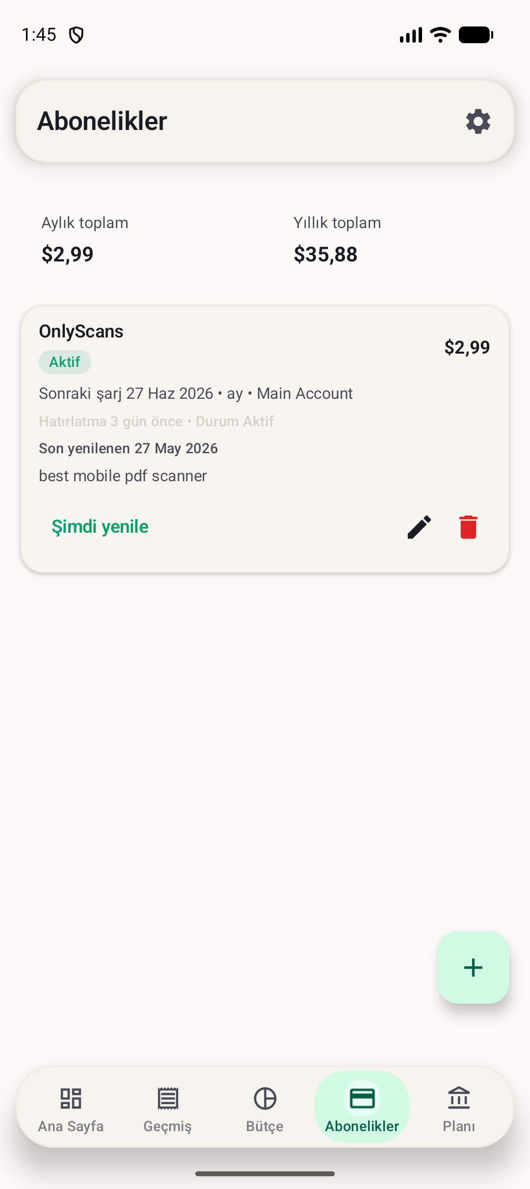 BudgetVault Android abonelikler ekranı