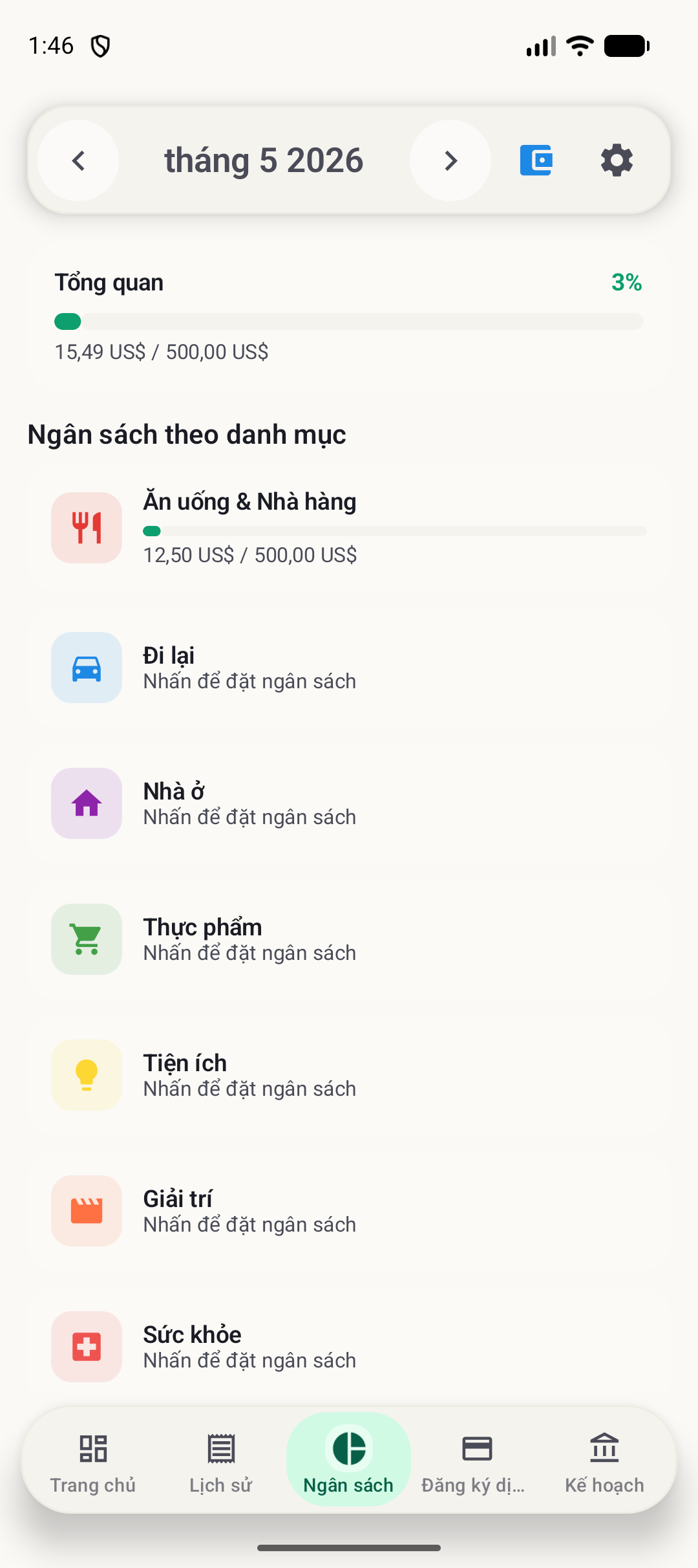 Màn hình ngân sách BudgetVault Android