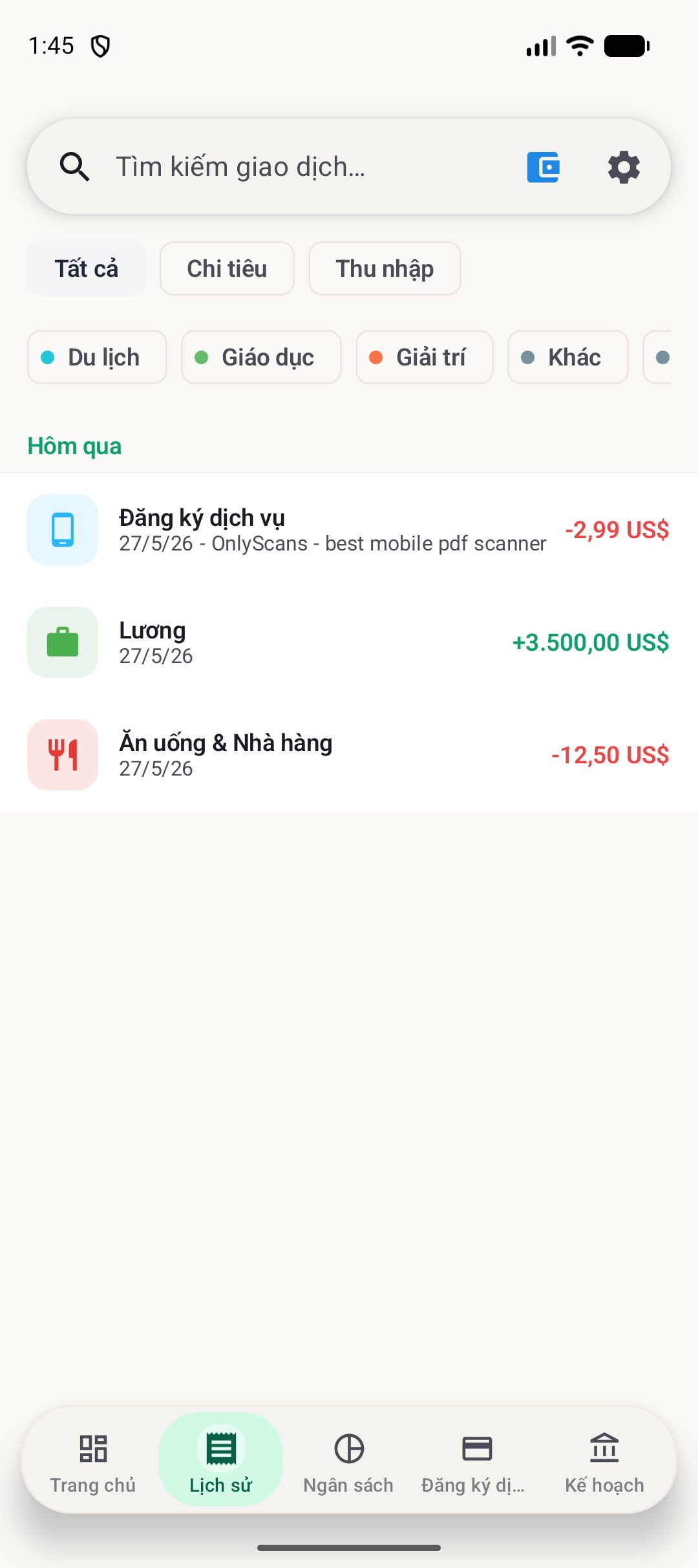 Màn hình lịch sử BudgetVault Android