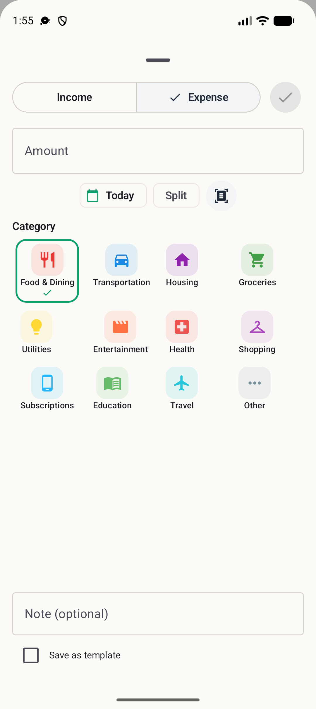 BudgetVault Android 新增交易畫面